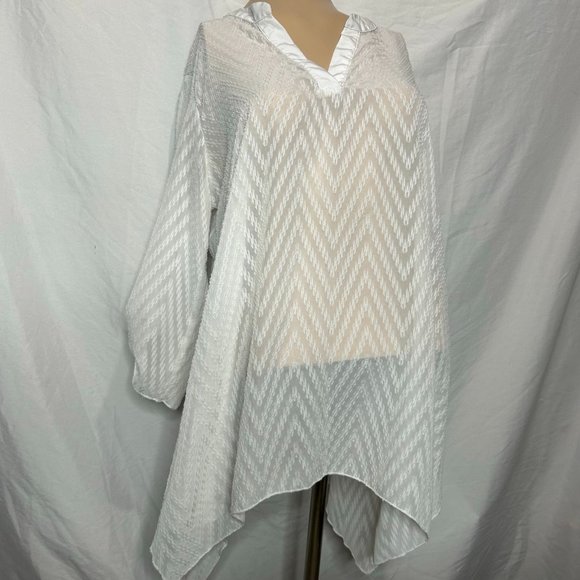 Chevron Tunic Top Roll Tab Sleeve V Neck White Cover Up Beach Pool Size Large‎ - Picture 1 of 7